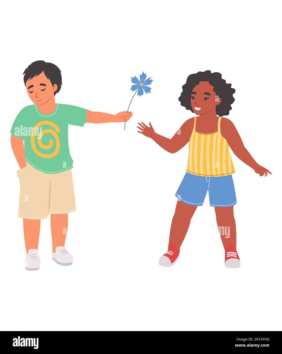 Shy little boy giving flower to girl vector illustration Stock Vector