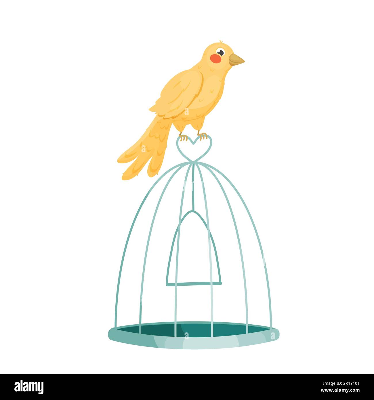 Little yellow bird sitting on the cage. Vector illustration Stock