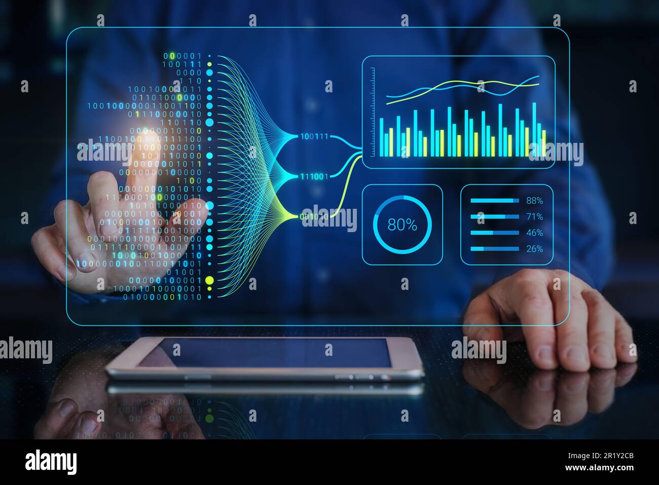 Data analytics and insights powered by big data and AI technologies. Data scientist analysing complex information with artificial intelligence for bus Stock Photo