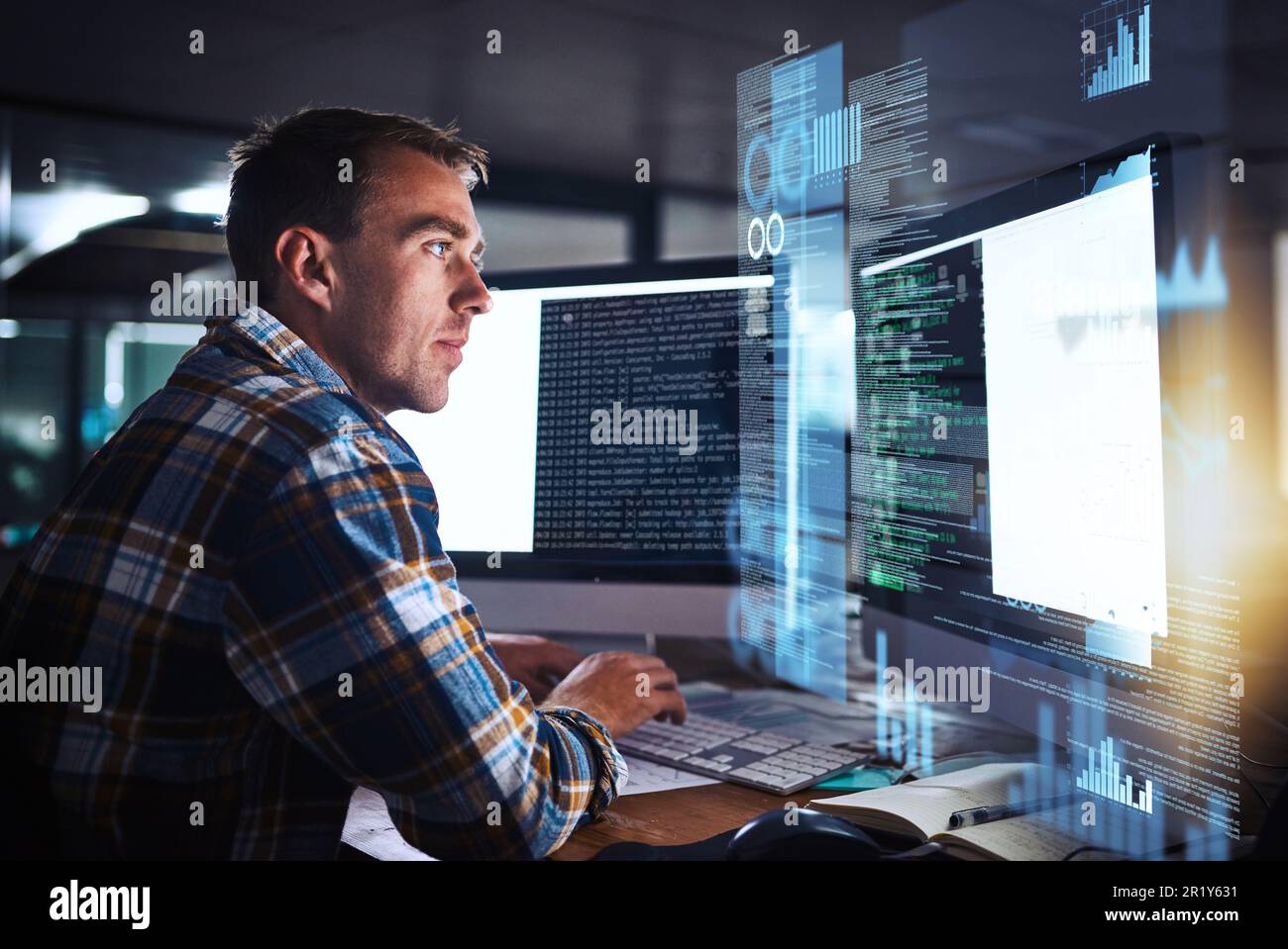 Developer, man and programmer code on computer screen with cybersecurity hologram, analytics and seo or working at night. Technology, coding and Stock Photo