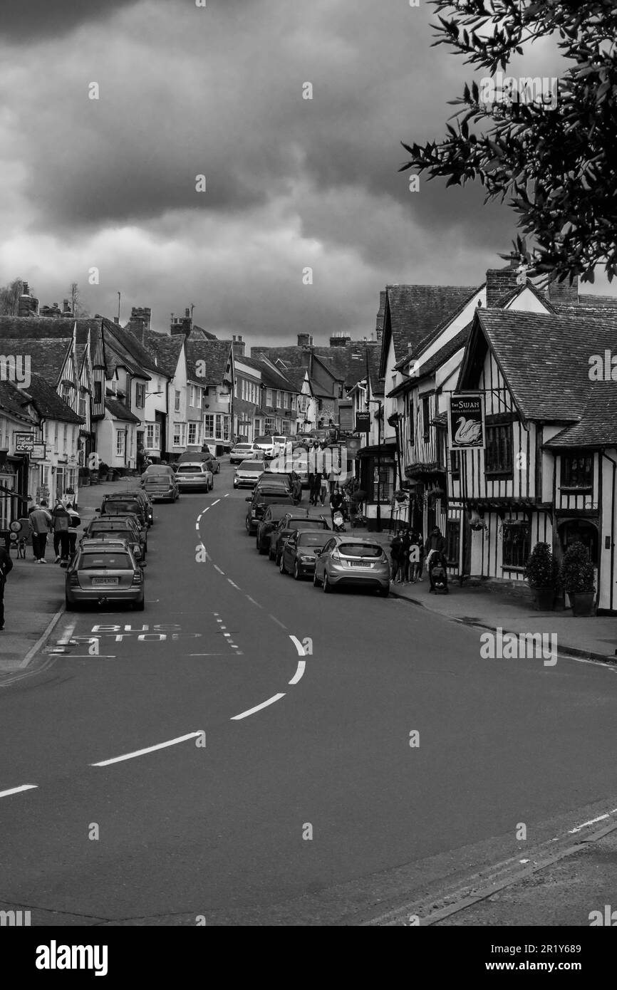 A cloudy and overcast view along the High Street at Lavenham Suffolk England UK. April 2023 Stock Photo