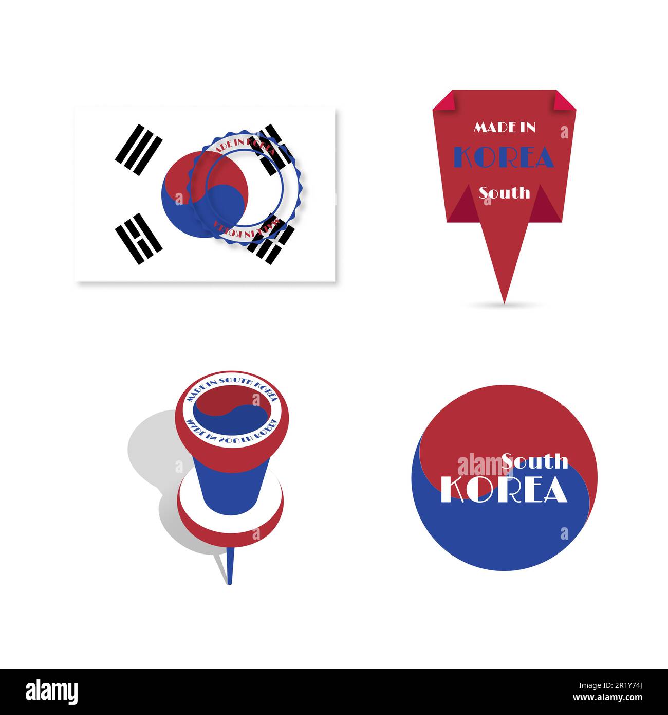 Set of various Made in South Korea labels isolated on white background