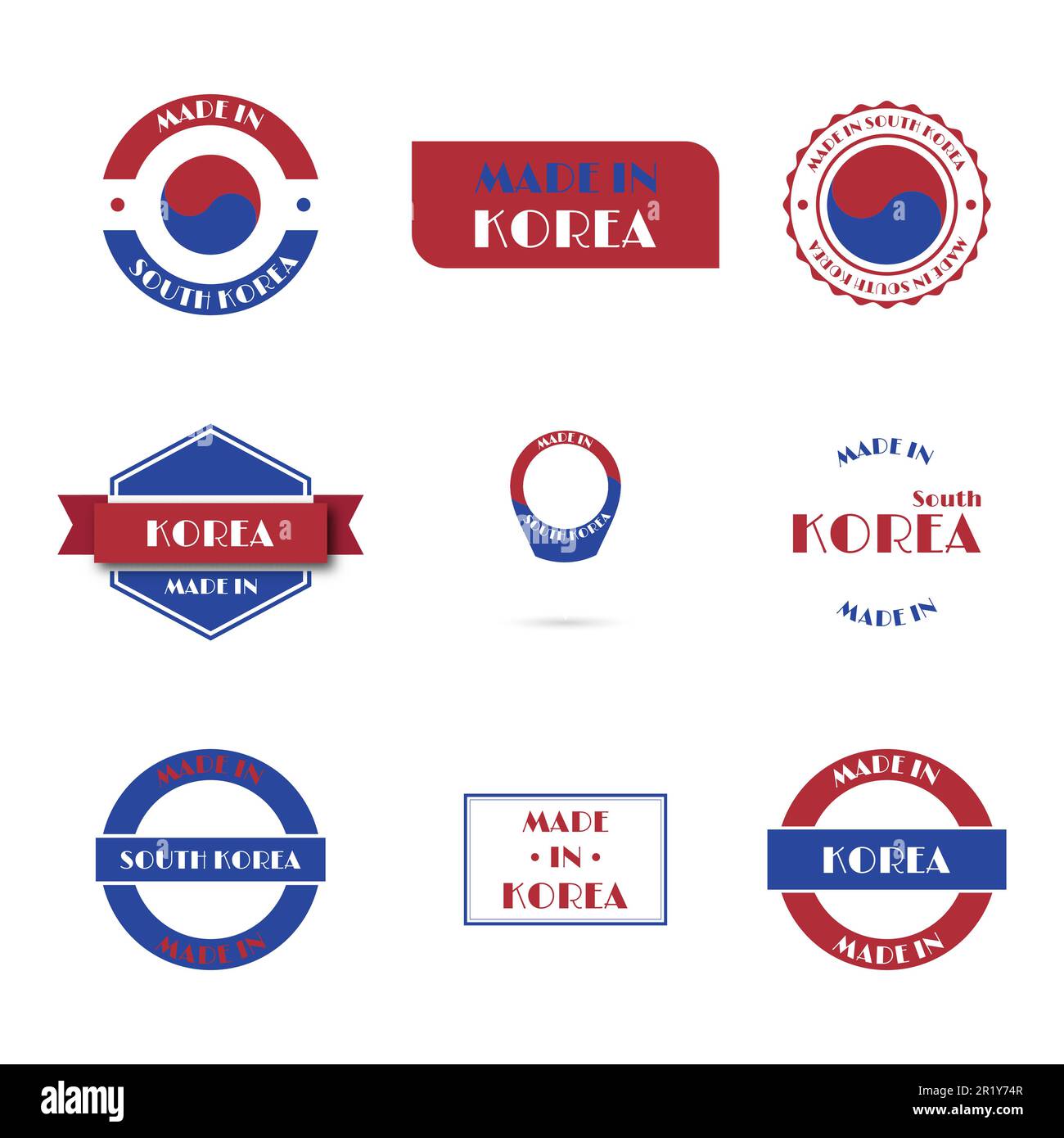 Set of various Made in South Korea labels isolated on white background