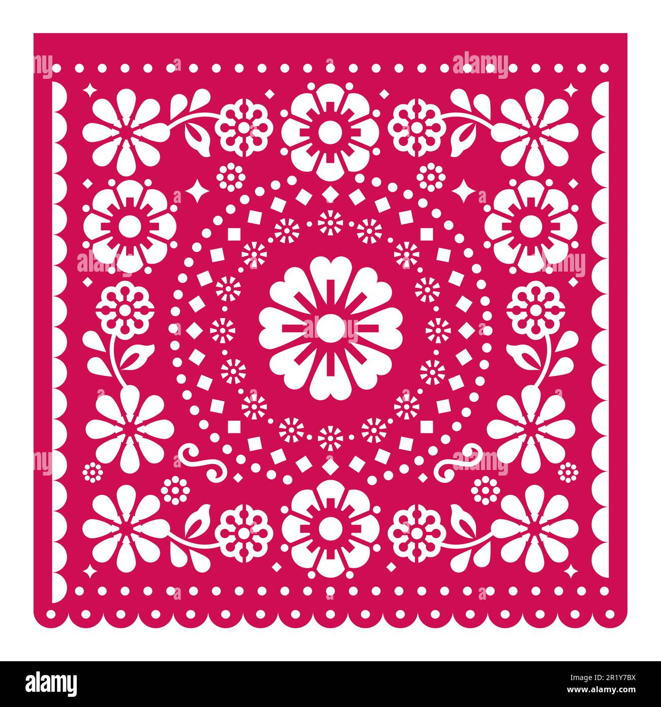 Papel Picado vector square design wit flowers, Mexican cutout paper garland decoration in pink on white background Stock Vector