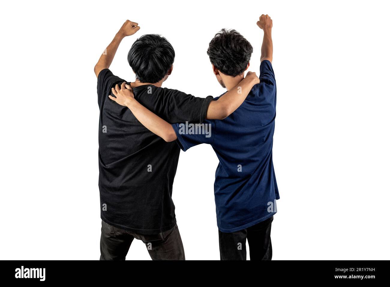 Rear view of two men standing isolated over white background Stock ...
