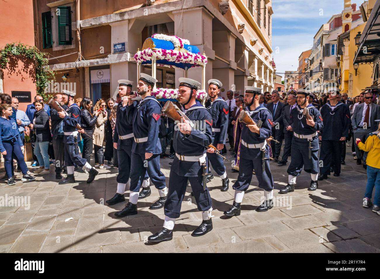 Sailors carrying the epitaphios at street in Campiello (Old Town of Corfu) section, Good Friday procession, Holy Week, town of Corfu, Corfu Island, Greece Stock Photo