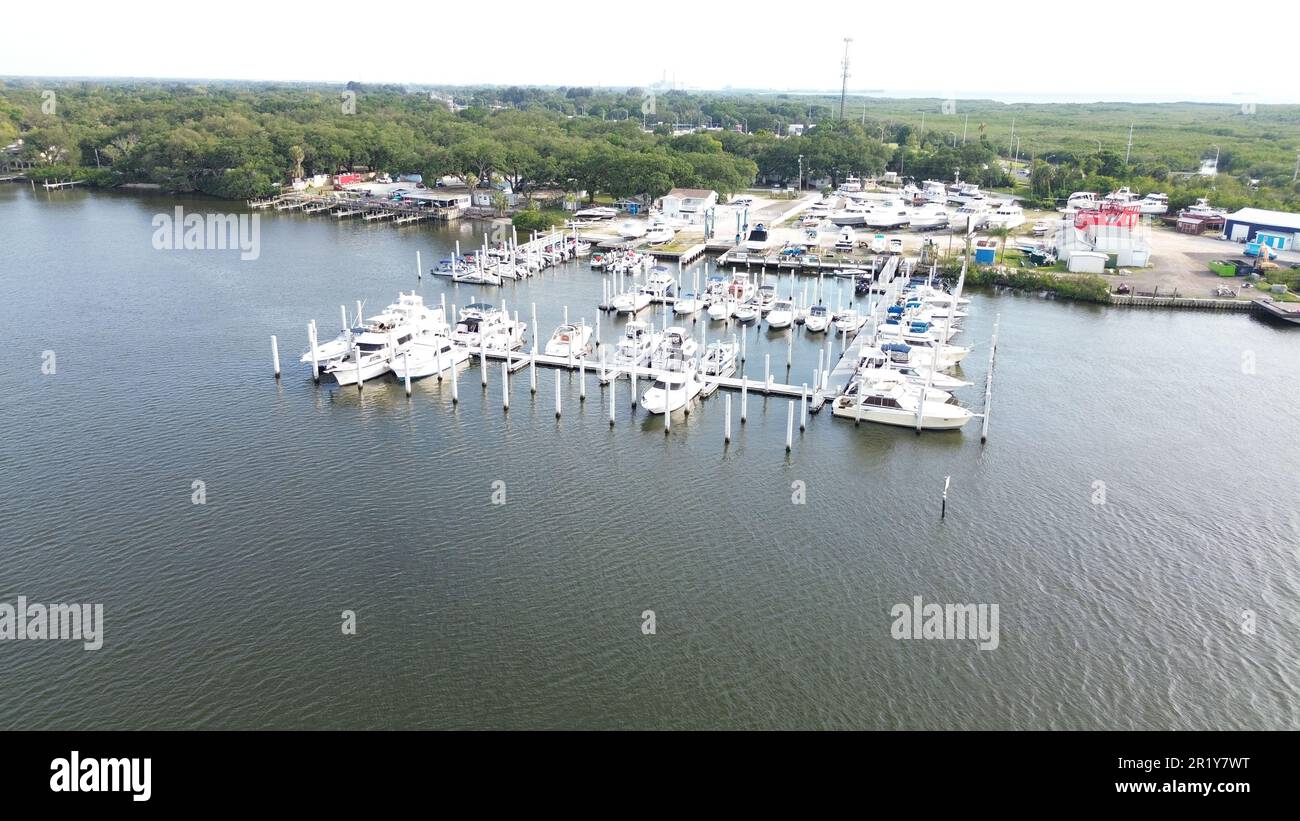 An aerial view of a harbor with boats and dockside buildings. Williams Park Boat Ramp, Florida
