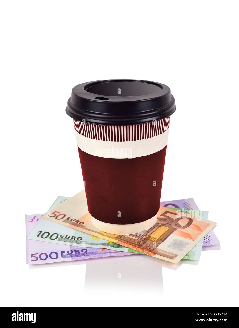 disposable coffee cup and euro banknotes, close up Stock Photo