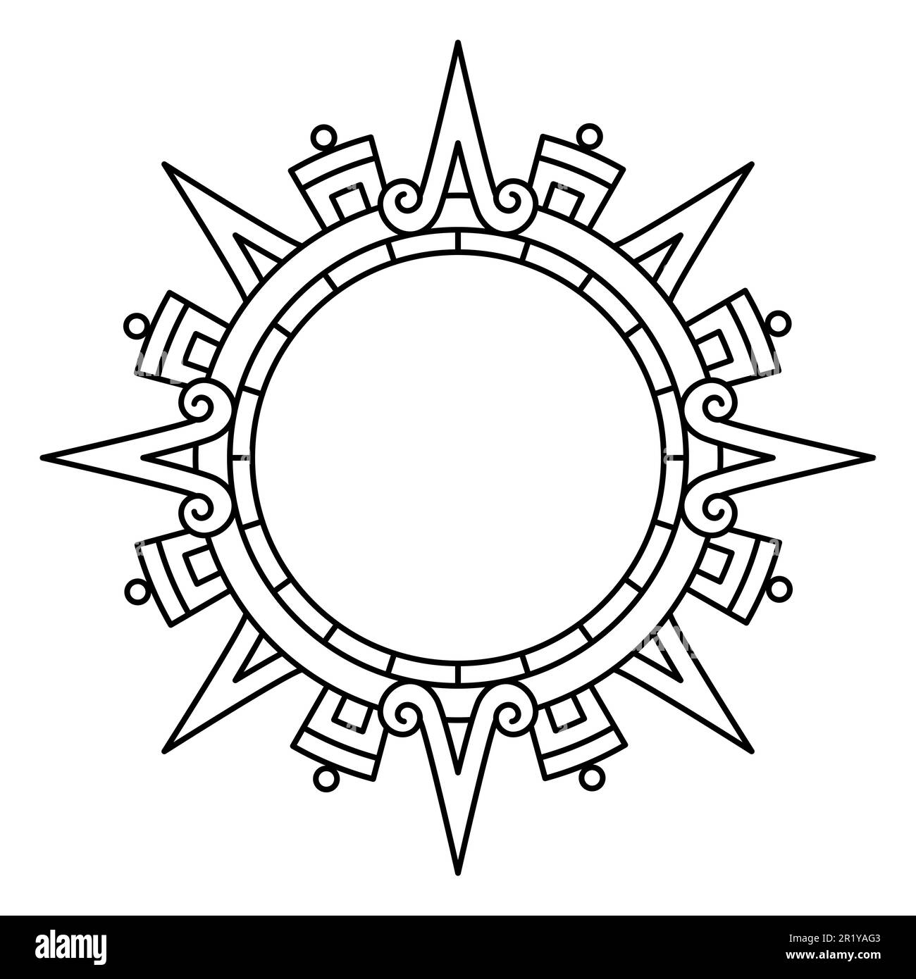 Aztec solar disk, sun symbol and diadem, representing the Aztec sun deity Tonatiuh. 4 large arrows or rays pointing in the cardinal directions. Stock Photo