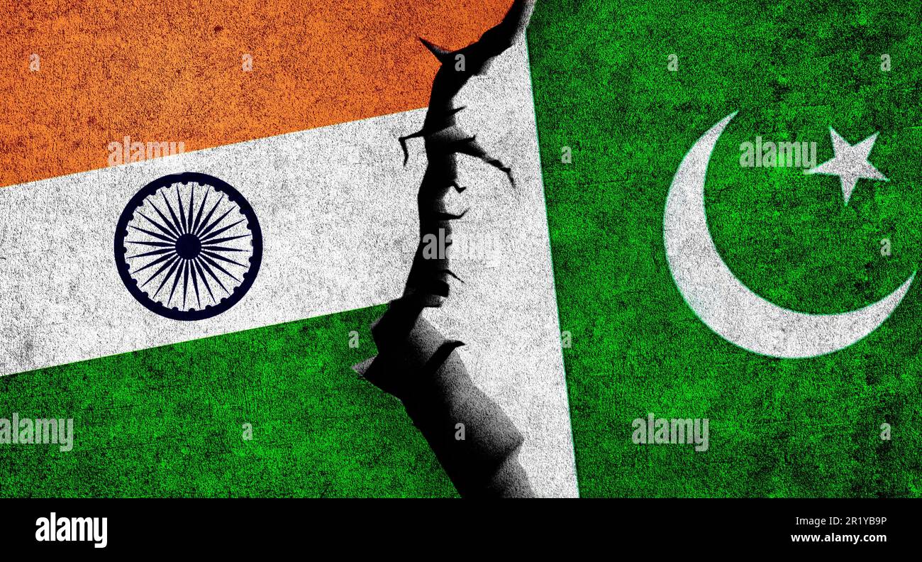 Flag of India and Pakistan on wall with crack. Pakistan and India