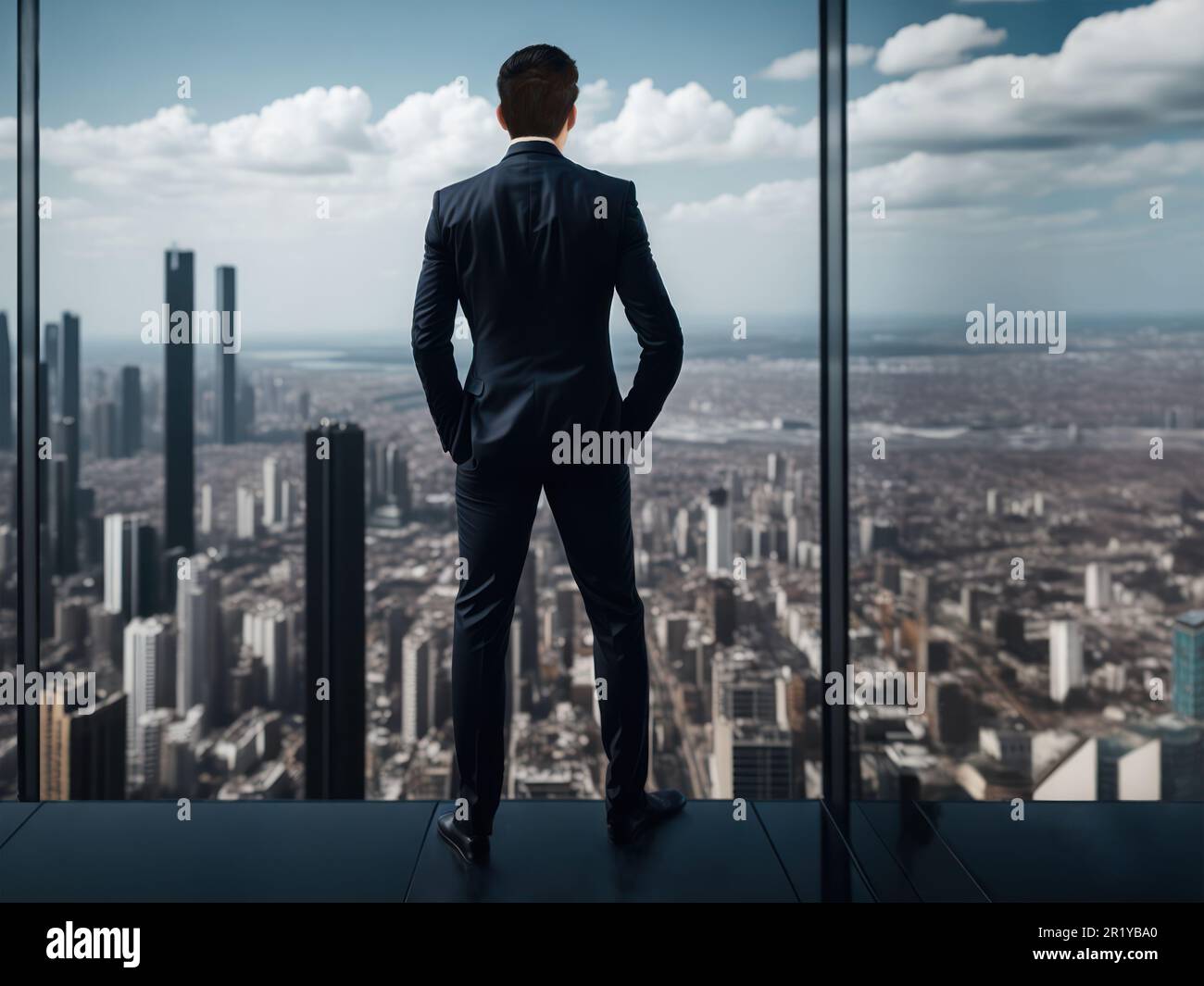 Young manager looking confidently through the highrise office window at the cityscape below him Stock Photo