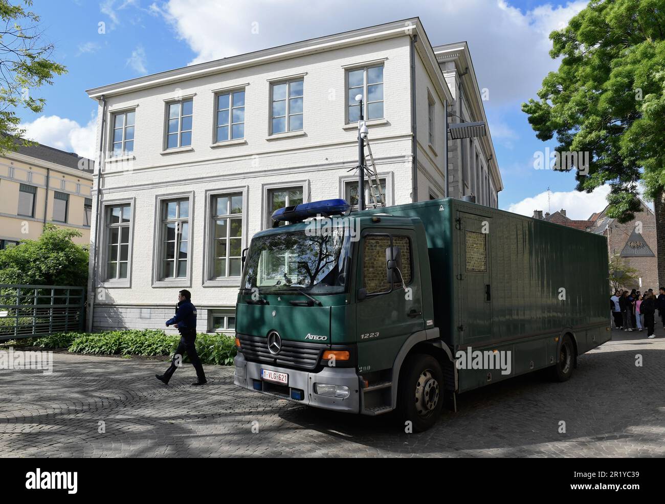 Illustration pictures shows a prisoner transport van before a session of Tongeren Council Chamber on the request for transfer of seven persons arrested in Belgium during the large-scale police operation against the criminal organisation 'Ndrangheta, Tuesday 16 May 2023, in Tongeren. Seven of the 13 people arrested in the province of Limburg as part of an investigation by the Federal Prosecutor's Office into the Calabrian mafia, the 'Ndrangheta, are the subject of a European arrest warrant issued by Italy. Last May 3rd, a large-scale European operation took place across several countries. BELGA Stock Photo