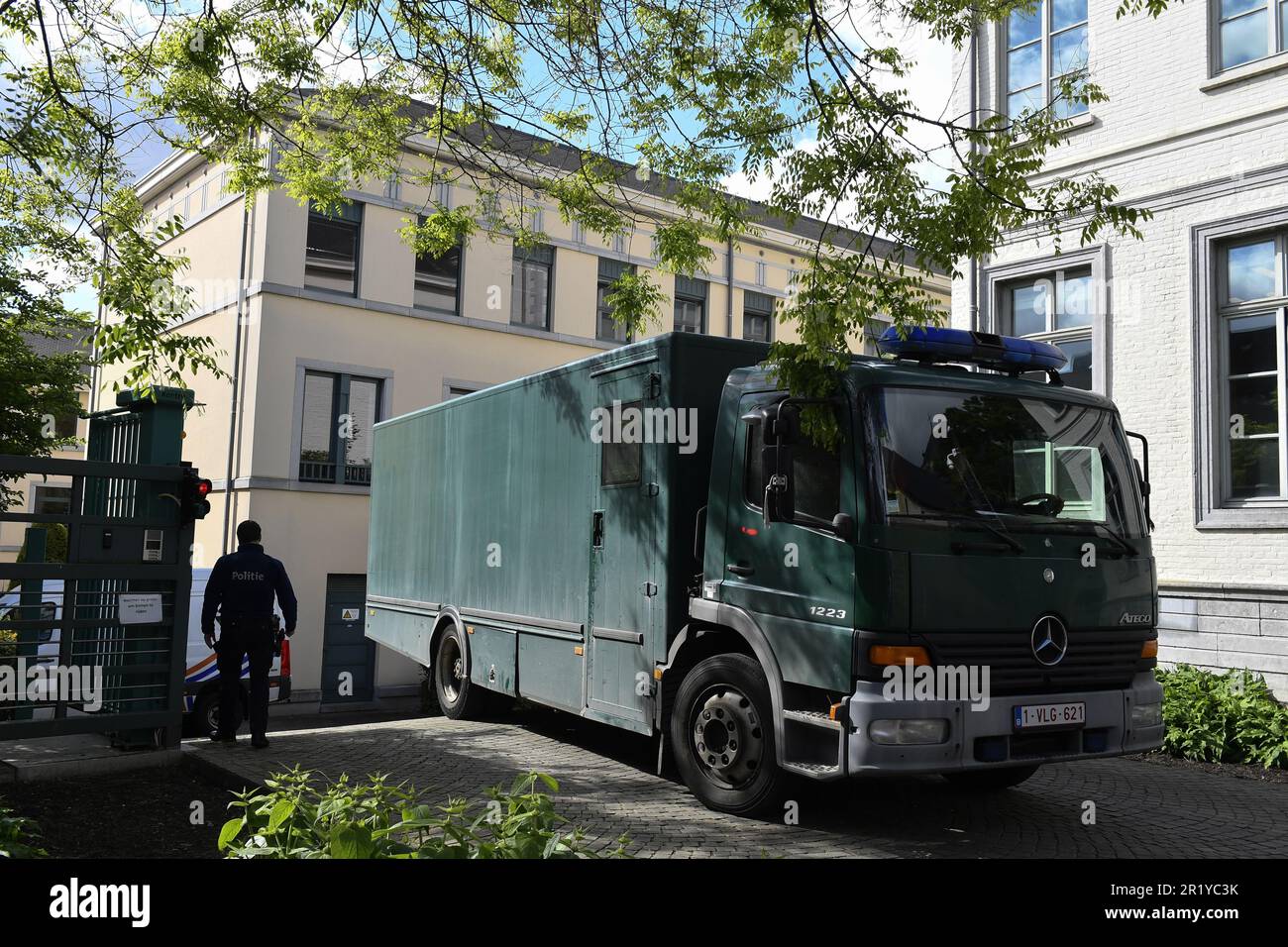 Illustration pictures shows a prisoner transport van before a session of Tongeren Council Chamber on the request for transfer of seven persons arrested in Belgium during the large-scale police operation against the criminal organisation 'Ndrangheta, Tuesday 16 May 2023, in Tongeren. Seven of the 13 people arrested in the province of Limburg as part of an investigation by the Federal Prosecutor's Office into the Calabrian mafia, the 'Ndrangheta, are the subject of a European arrest warrant issued by Italy. Last May 3rd, a large-scale European operation took place across several countries. BELGA Stock Photo