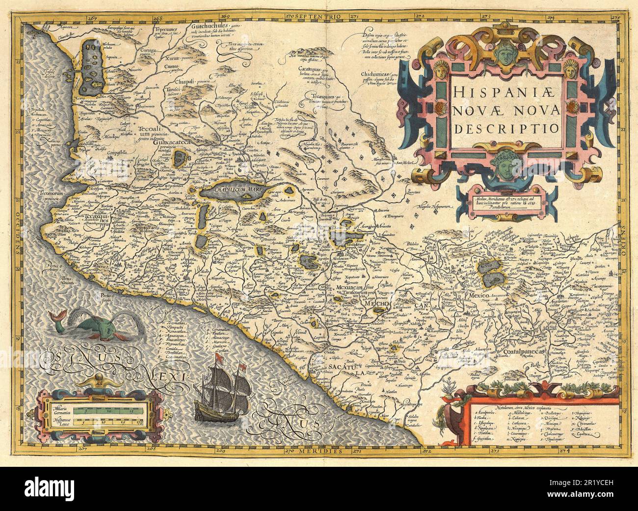 Atlas, map from 1623, Viceroyalty of New Spain, (1535-1822) in Latin America, digitally restored reproduction from an engraving by Gerhard Mercator, born as Gheert Cremer, March 5, 1512 - December 2, 1594, geographer and cartographer  / Landkarte aus dem Jahre 1623,  Vizekönigreich Neuspanien, (1535–1822) in Lateinamerika, digital restaurierte Reproduktion von einem Kupferstich von Gerhard Mercator, geboren als Gheert Cremer, 5. März 1512 - 2. Dezember 1594, Geograph und Kartograf Stock Photo