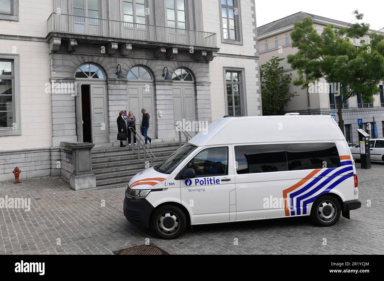 Illustration pictures shows a police van before a session of Tongeren Council Chamber on the request for transfer of seven persons arrested in Belgium during the large-scale police operation against the criminal organisation 'Ndrangheta, Tuesday 16 May 2023, in Tongeren. Seven of the 13 people arrested in the province of Limburg as part of an investigation by the Federal Prosecutor's Office into the Calabrian mafia, the 'Ndrangheta, are the subject of a European arrest warrant issued by Italy. Last May 3rd, a large-scale European operation took place across several countries. BELGA PHOTO JOHN Stock Photo