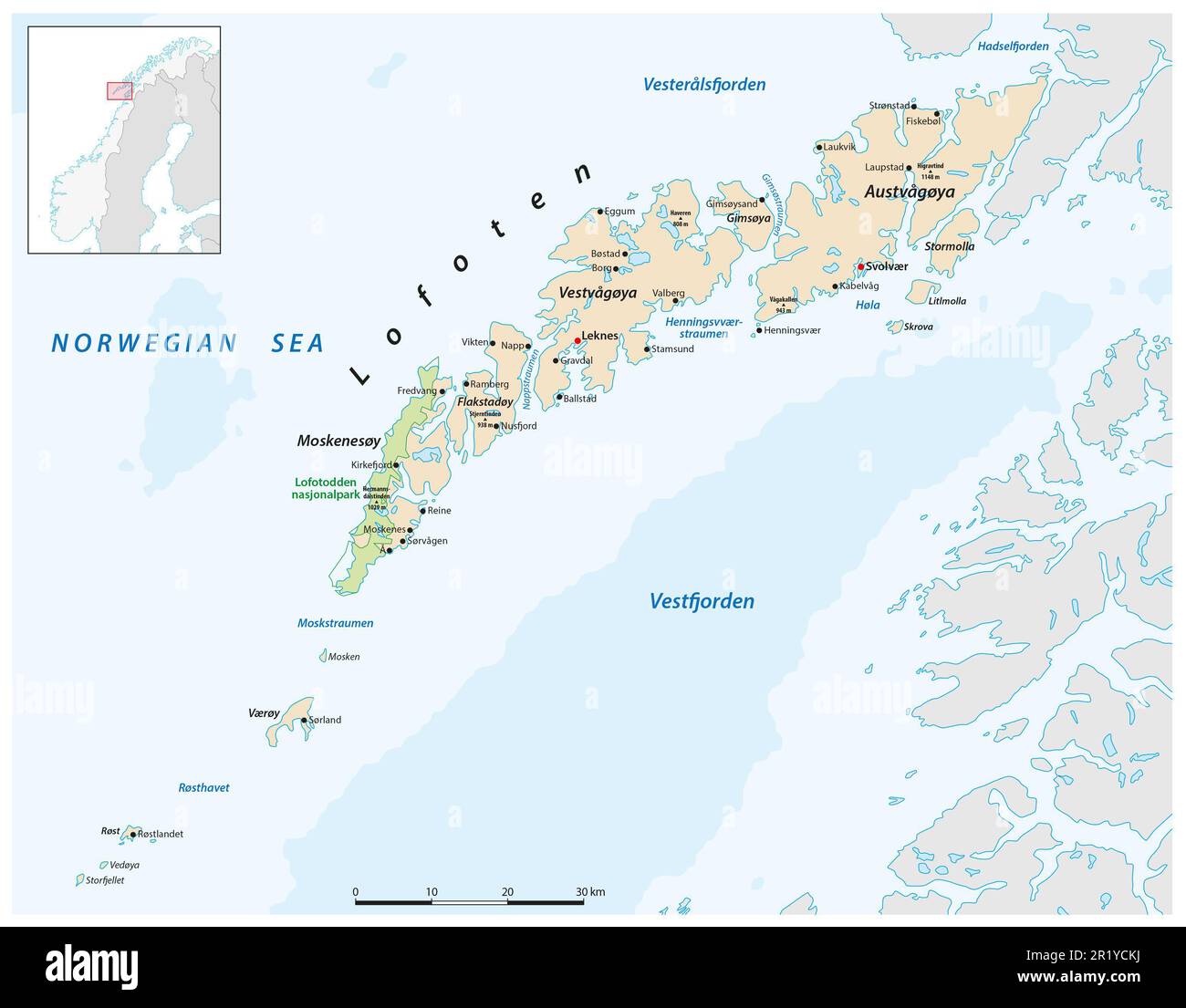 Vector map of the Norwegian archipelago Lofoten Stock Photo