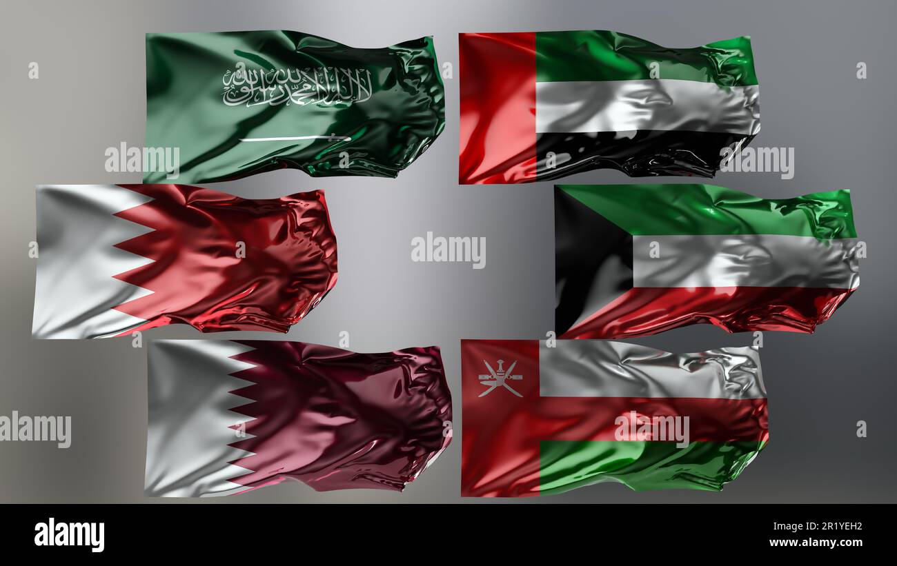 Flags of Gulf Cooperation Council Waving in the wind, GCC National flags, fabric texture, close-up, alpha channel, UAE, Qatar, Saudi Arabia, Kuwait, Stock Photo