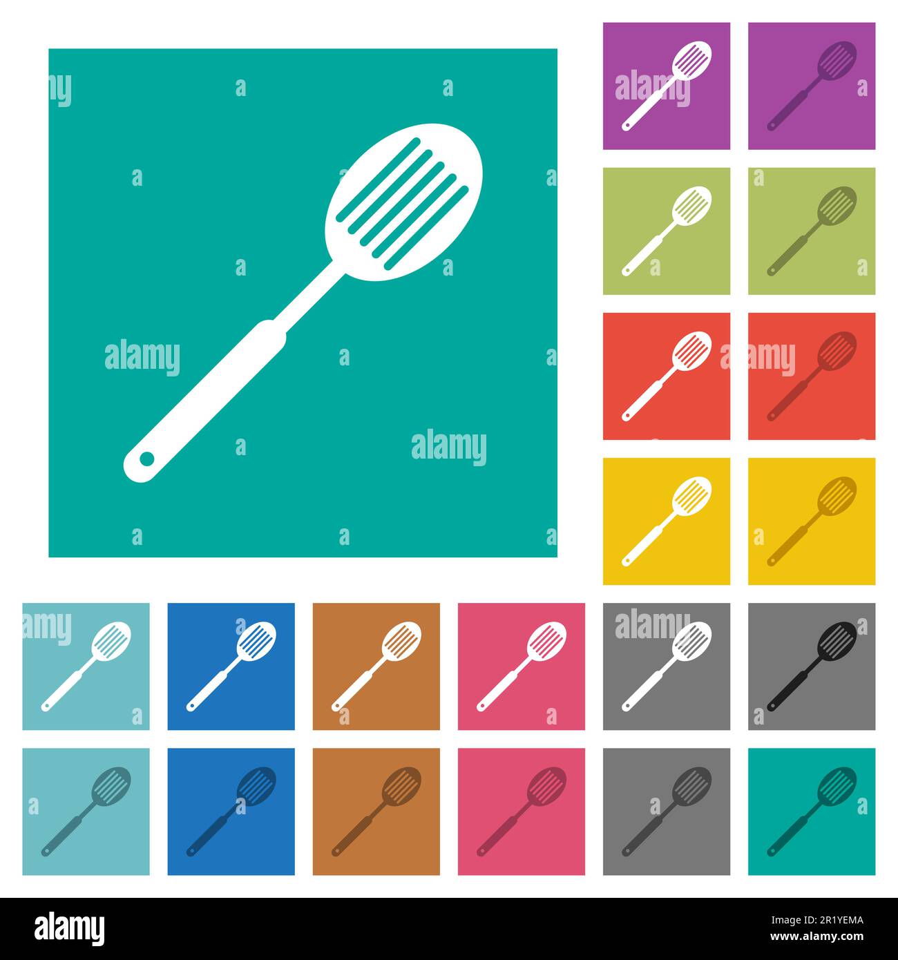 kitchen spatula solid multi colored flat icons on plain square backgrounds. Included white and darker icon variations for hover or active effects. Stock Vector