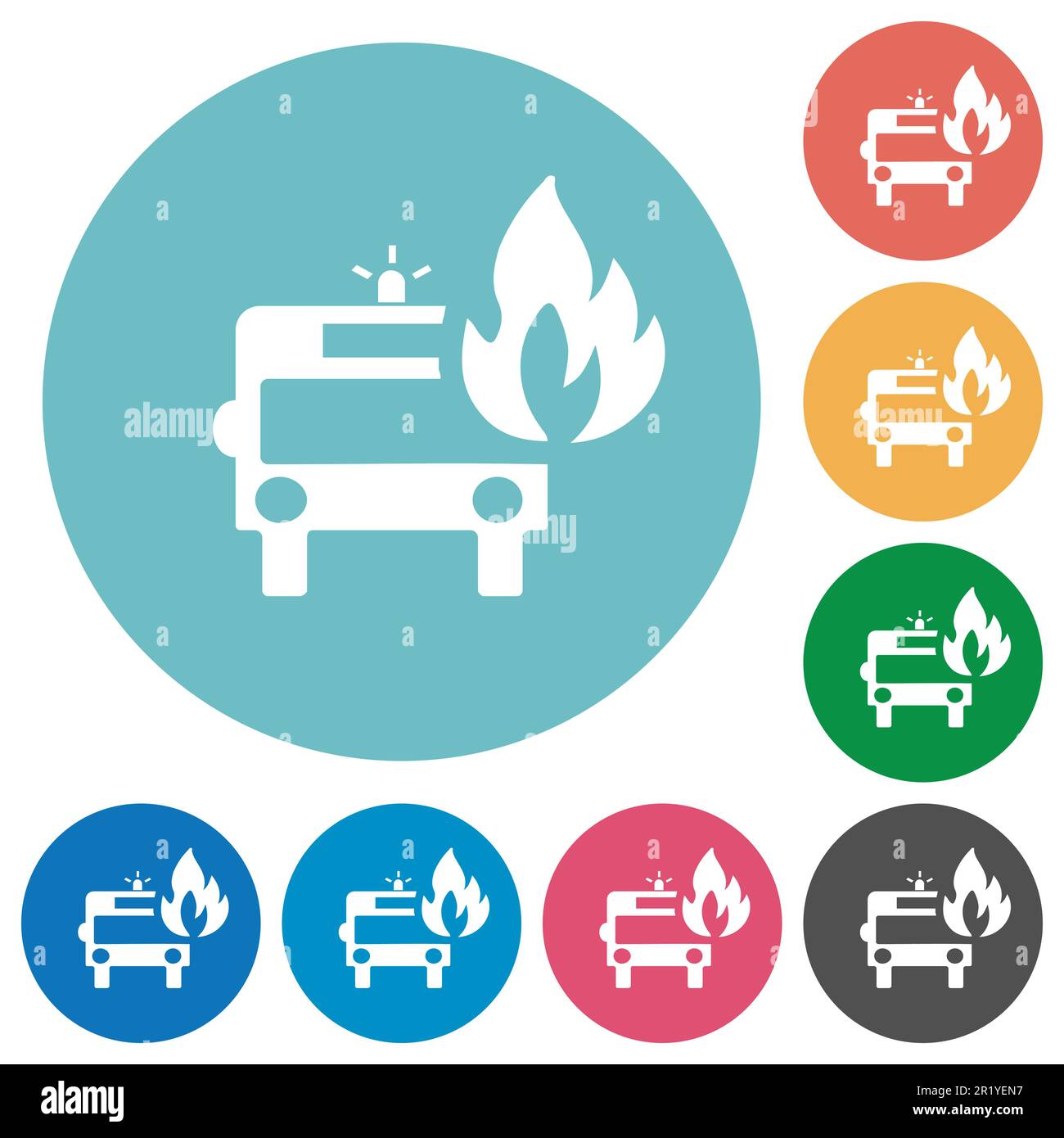 Fire engine with flame flat white icons on round color backgrounds ...