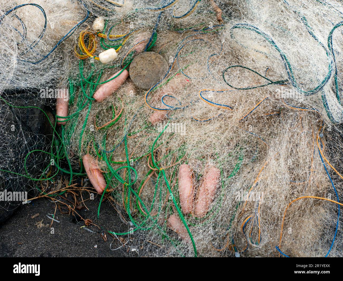 A pile of fishing nets on Parangtritis beach, Yogyakarta, Indonesia Stock Photo