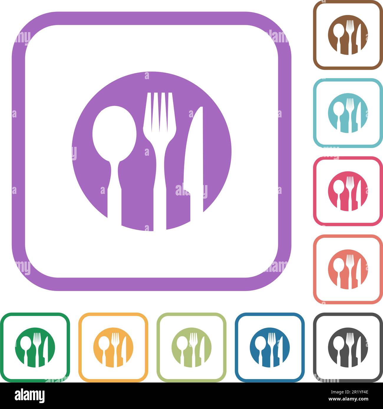 Tableware set solid simple icons in color rounded square frames on white background Stock Vector