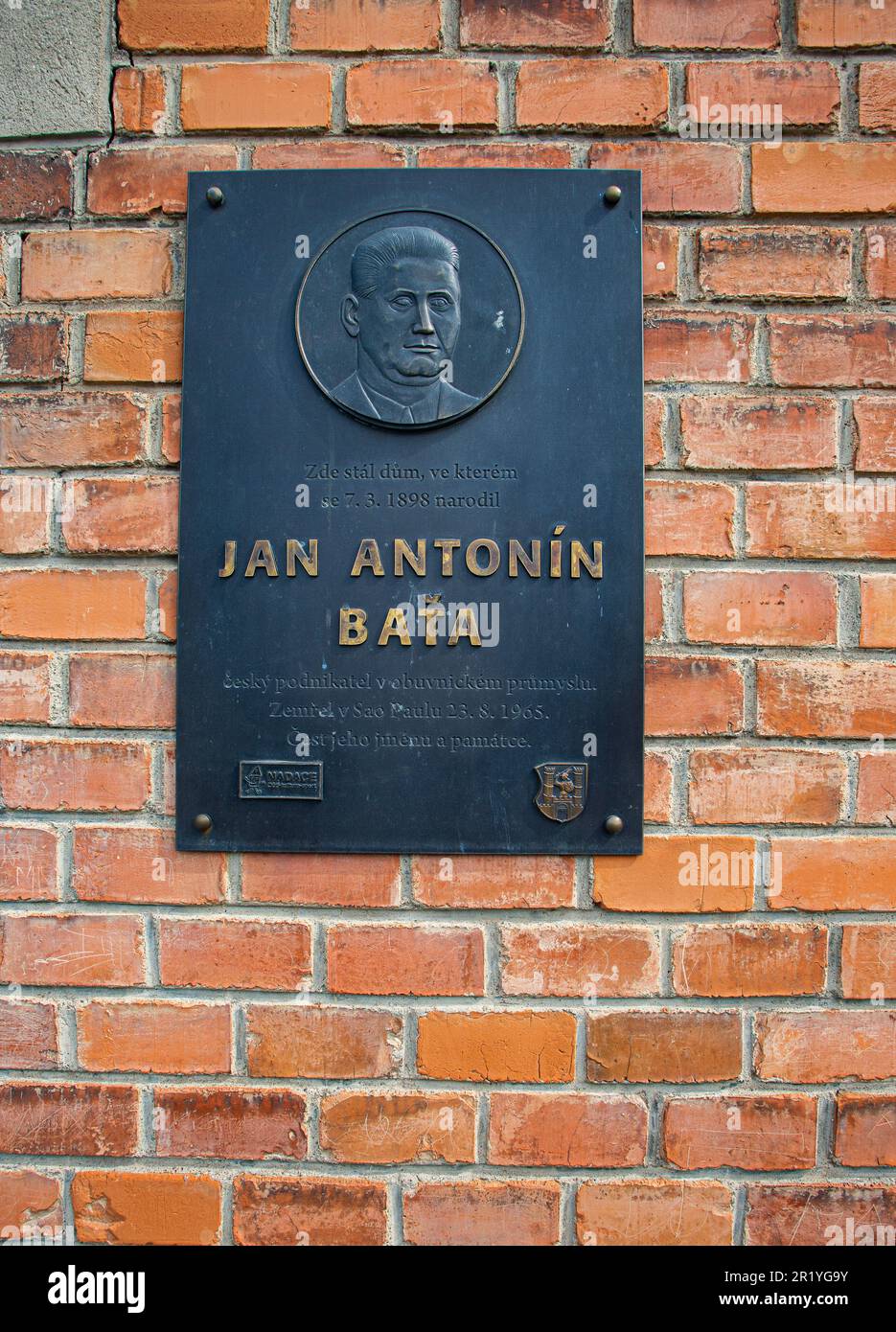 Memory of Jan Antonin Bata, co-founder of the Bata shoes brand, at this birth house in Uherske Hradiste Stock Photo