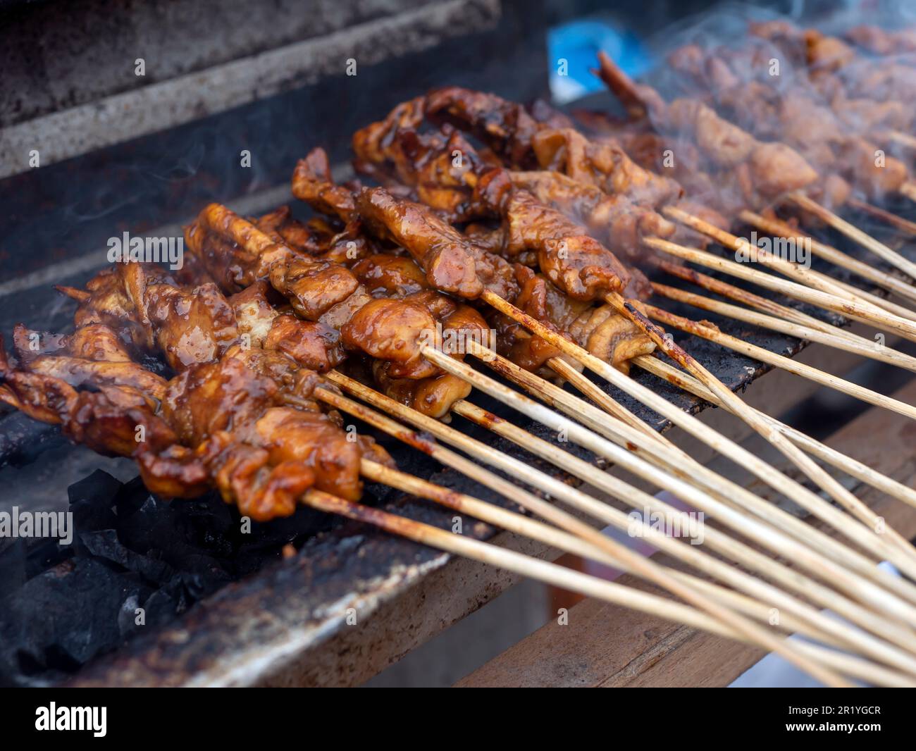 Sate Ayam or Chicken Satay, a traditional satay from Yogyakarta, Indonesia, in shallow focus