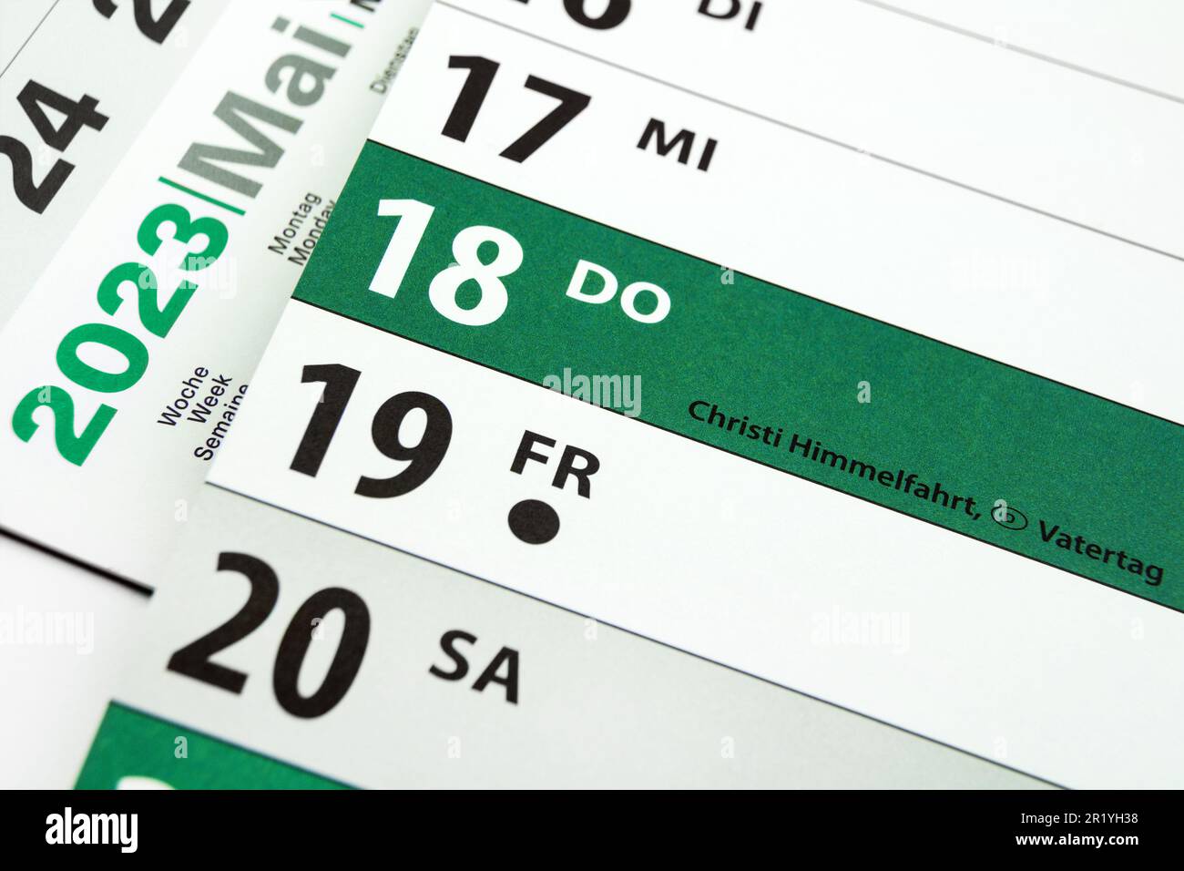 Deutscher Kalender Datum 18. Mai 2023 Christi Himmelfahrt und Vatertag Stock Photo