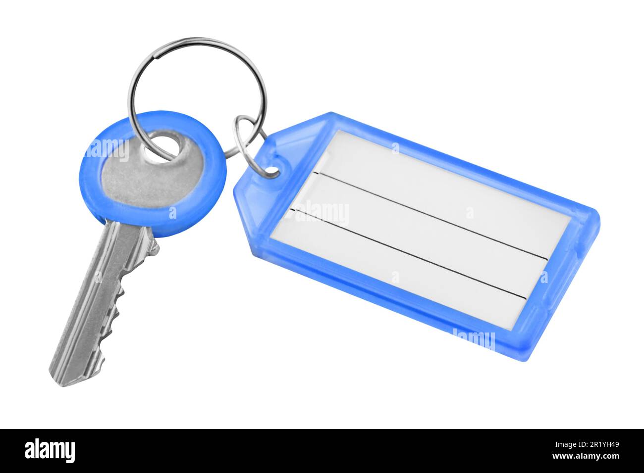 Door key with blue blank tag islated on white  background Stock Photo