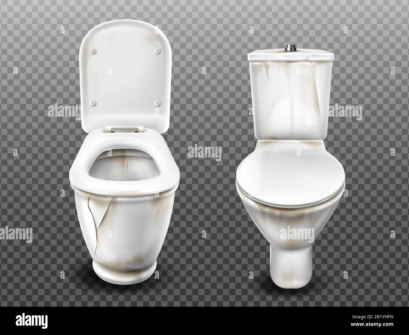 Old dirty toilet bowl with flush tank, open and closed seat lid. Vector