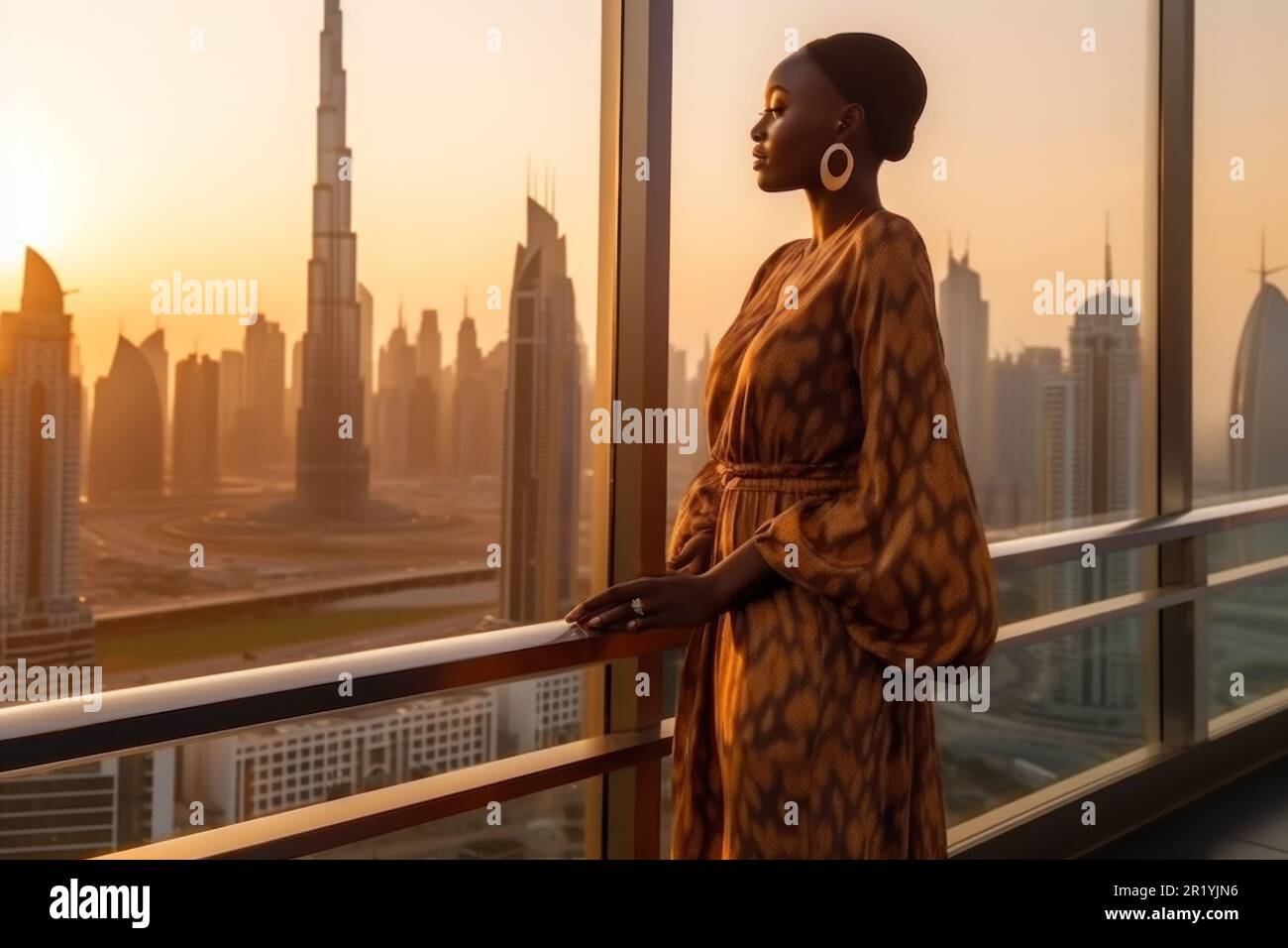 Stylish and rich african american woman enjoying Dubai skyline with