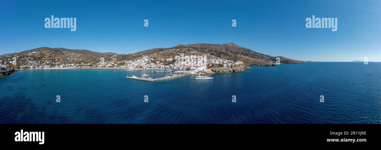 Andros island, panorama of Batsi village, Cyclades destination Greece
