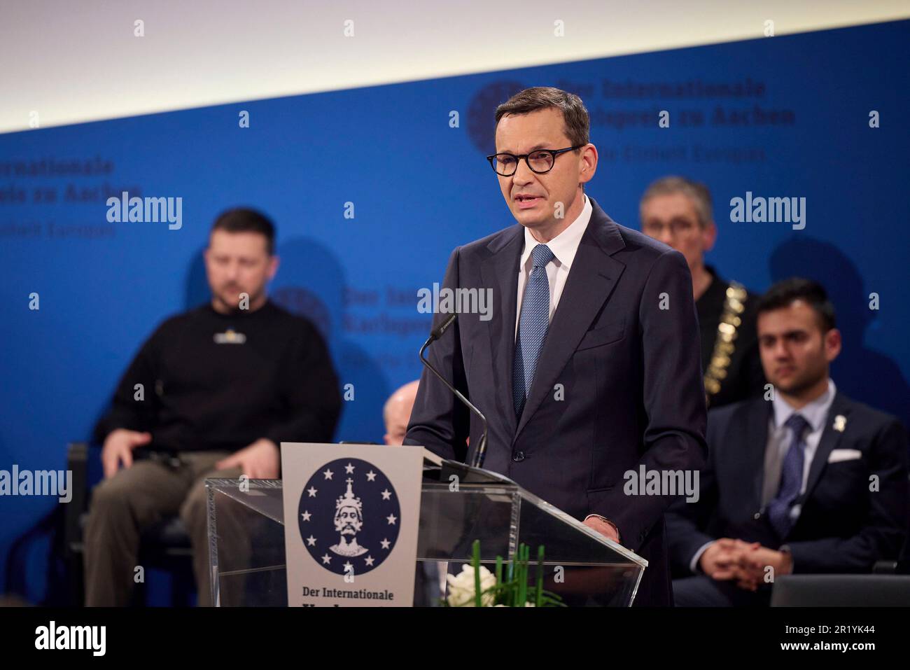 Polish Prime Minister Mateusz Morawiecki delivers remarks at the award ceremony for the International Charlemagne Prize of Aachen, May 14, 2023 in Aachen, Germany. Ukrainian President Volodymyr Zelenskyy and the People of Ukraine were awarded the prize for 'fighting to defend not only the sovereignty of their country and the lives of its citizens, but also Europe and European values'.  Credit: Pool Photo/Ukrainian Presidential Press Office/Alamy Live News Stock Photo