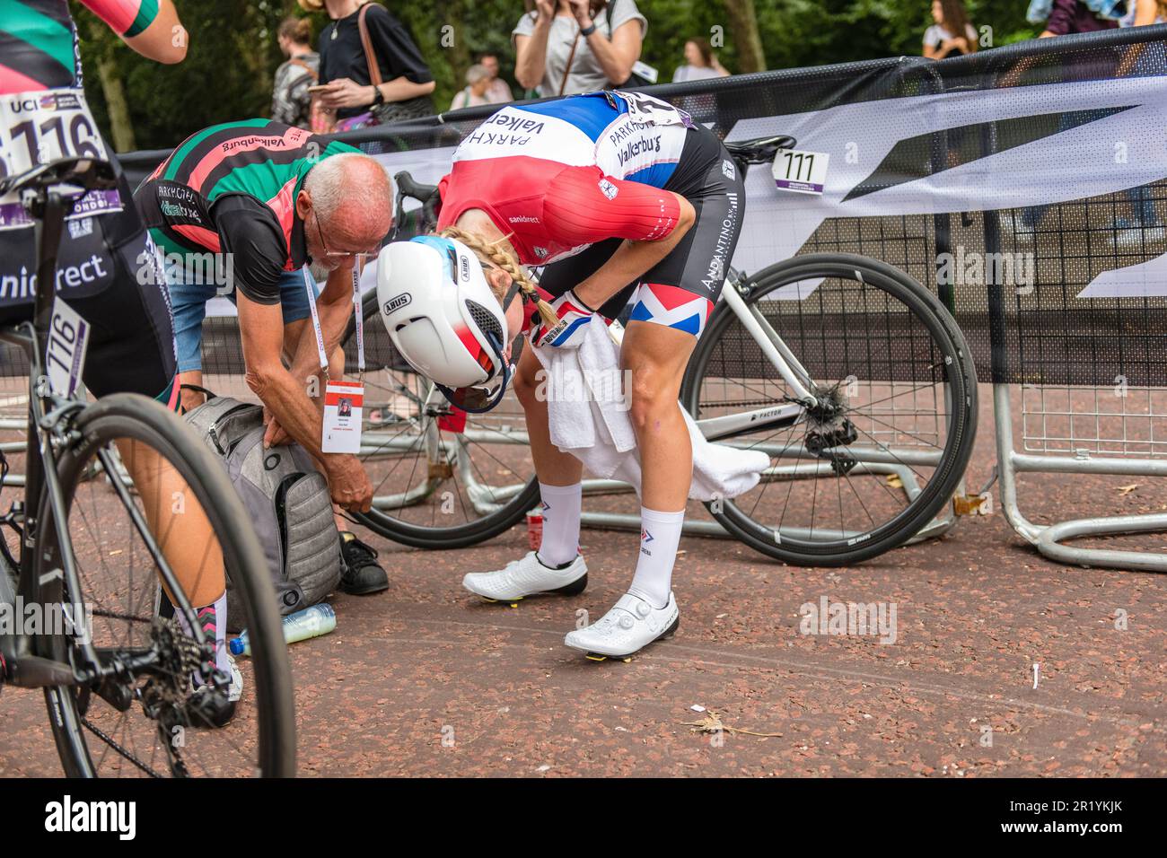 Fatigue, exhausted and nauseous After the race at the Prudential ride London elite women 2019 Stock Photo