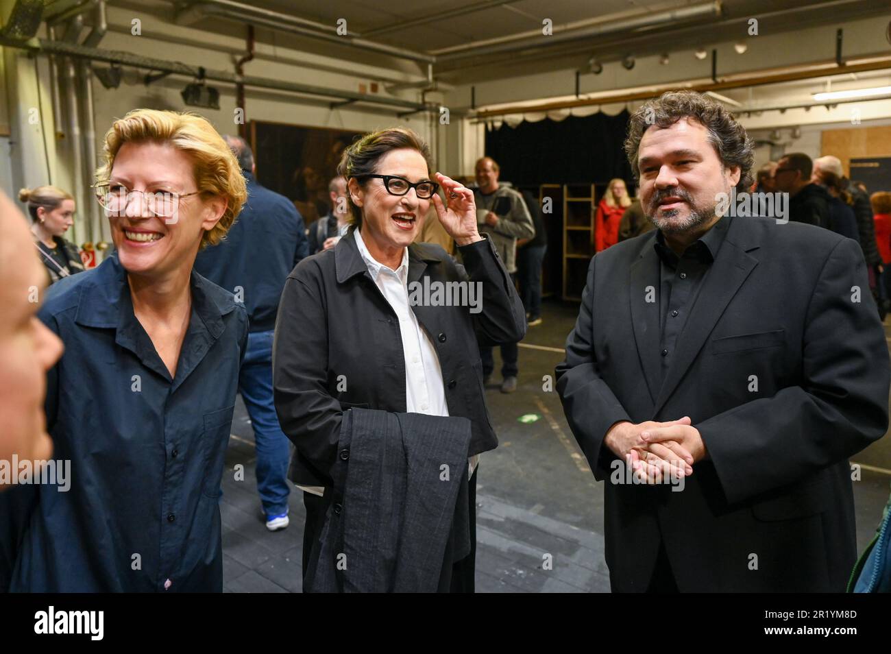 Bad Hersfeld, Germany. 16th May, 2023. Director Tina Lanik (l-r), actress Charlotte Schwab and artistic director Joern Hinkel stand together at the start of rehearsals for "King Lear". Shakespeare's drama will premiere at the 72nd Bad Hersfeld Festival on June 30, 2023. Credit: Uwe Zucchi/dpa/Alamy Live News Stock Photo