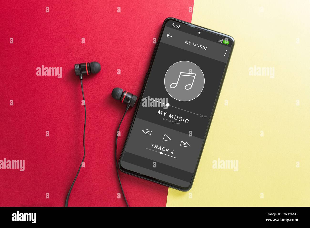Music player in phone, wireless headphones and phone. Black headphones ...