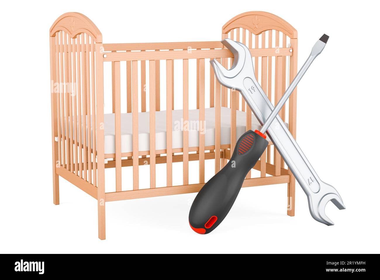 Baby crib, infant bed with screwdriver and wrench. 3D rendering ...