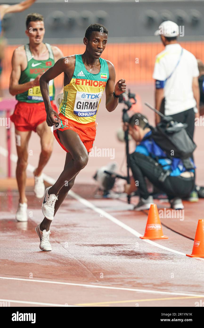 Lamecha Girma participating in the 3000 meter steeplechase at the Doha