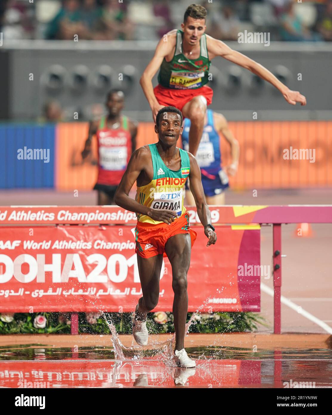 Lamecha Girma participating in the 3000 meter steeplechase at the Doha