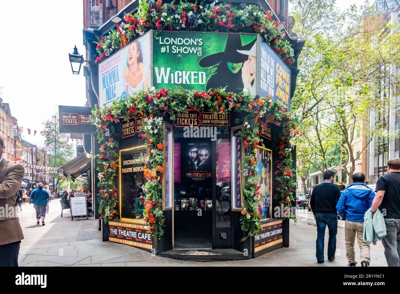 The Theatre Cafe, a shop on the corner on Monmouth Street in London, UK selling tickets for events and West End theatre productions Stock Photo