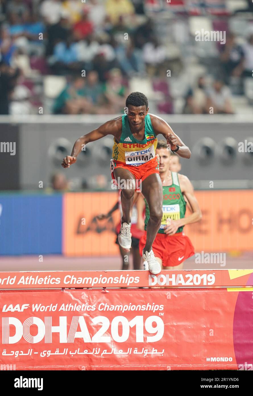 Lamecha Girma participating in the 3000 meter steeplechase at the Doha 2019 World Championships