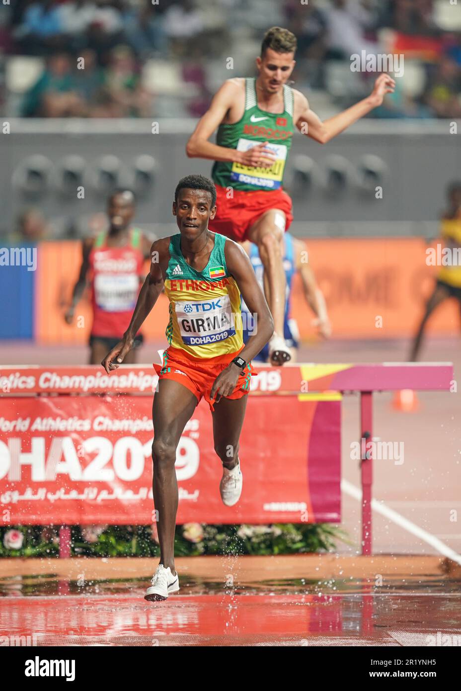 Lamecha Girma participating in the 3000 meter steeplechase at the Doha 2019 World Championships