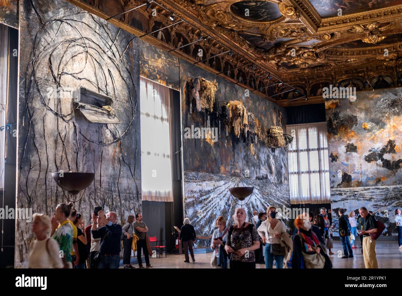 October 12, 2022. Anselm Kiefer's painting series titled These Writings, When Burned, Will Finally Cast a Little Light exibited at Palazzo Ducale in V Stock Photo