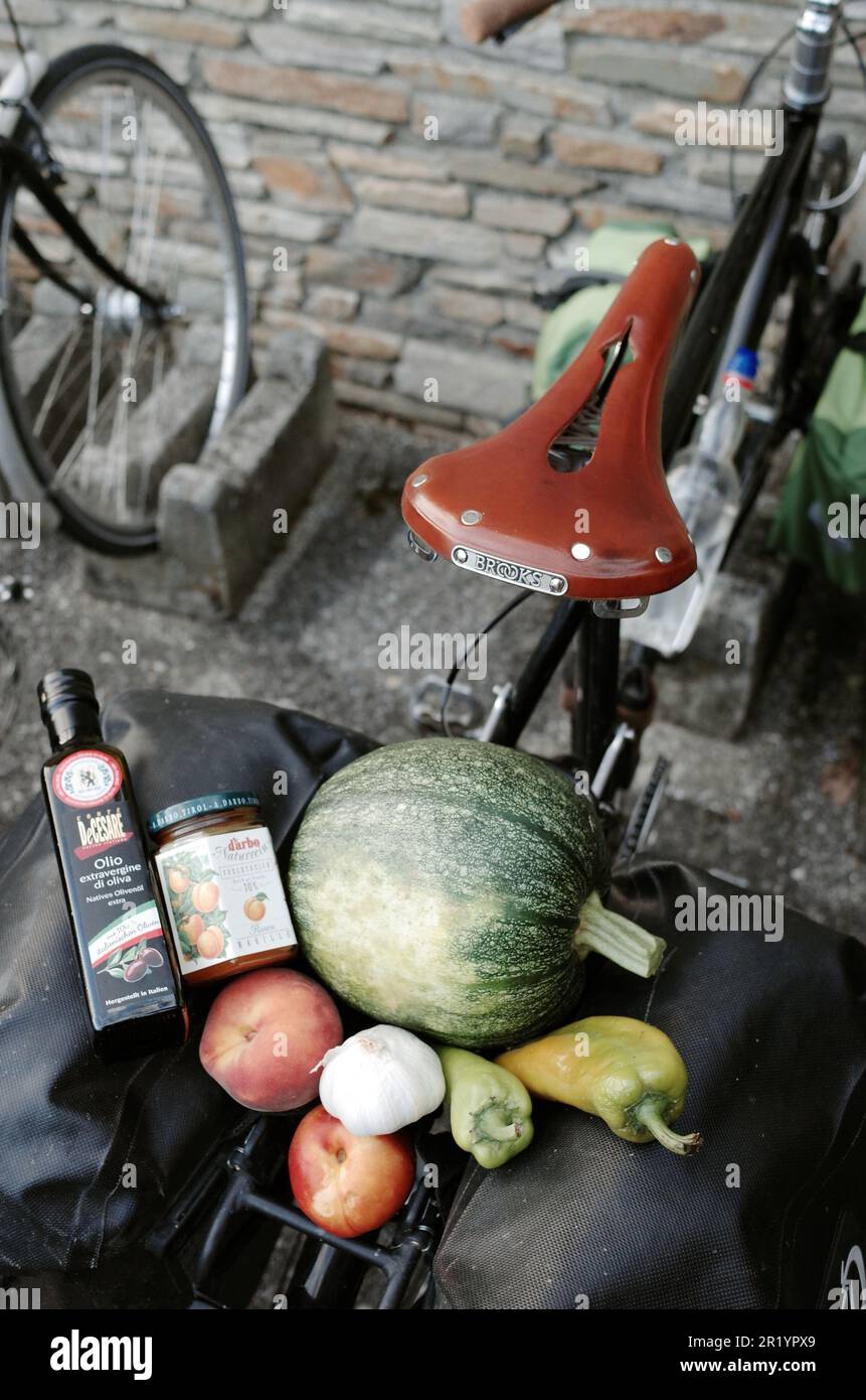 Fresh produce on a bike with a Brooks leather saddle Stock Photo