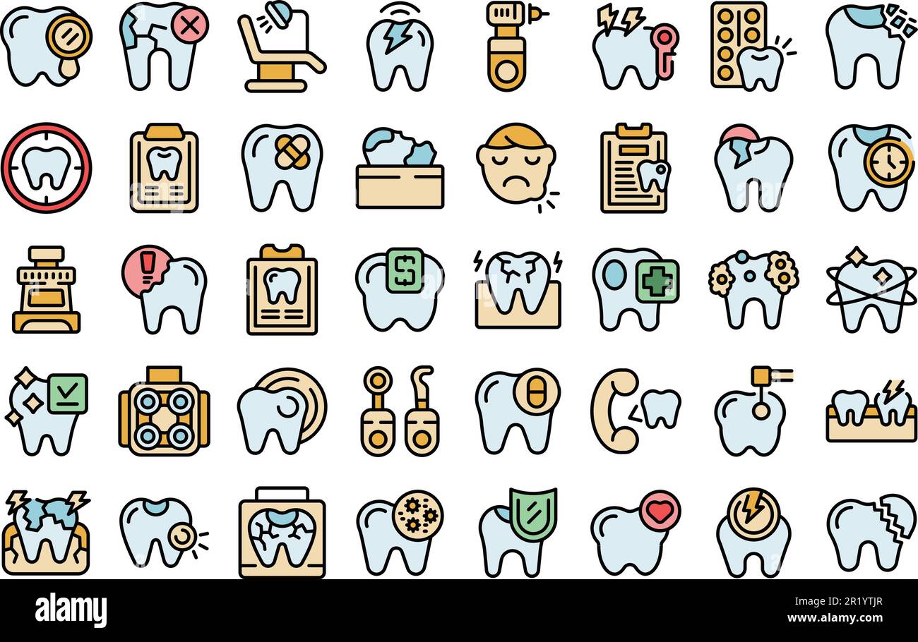 Toothache icons set outline vector. Tooth kid. Bad pain thin line color ...