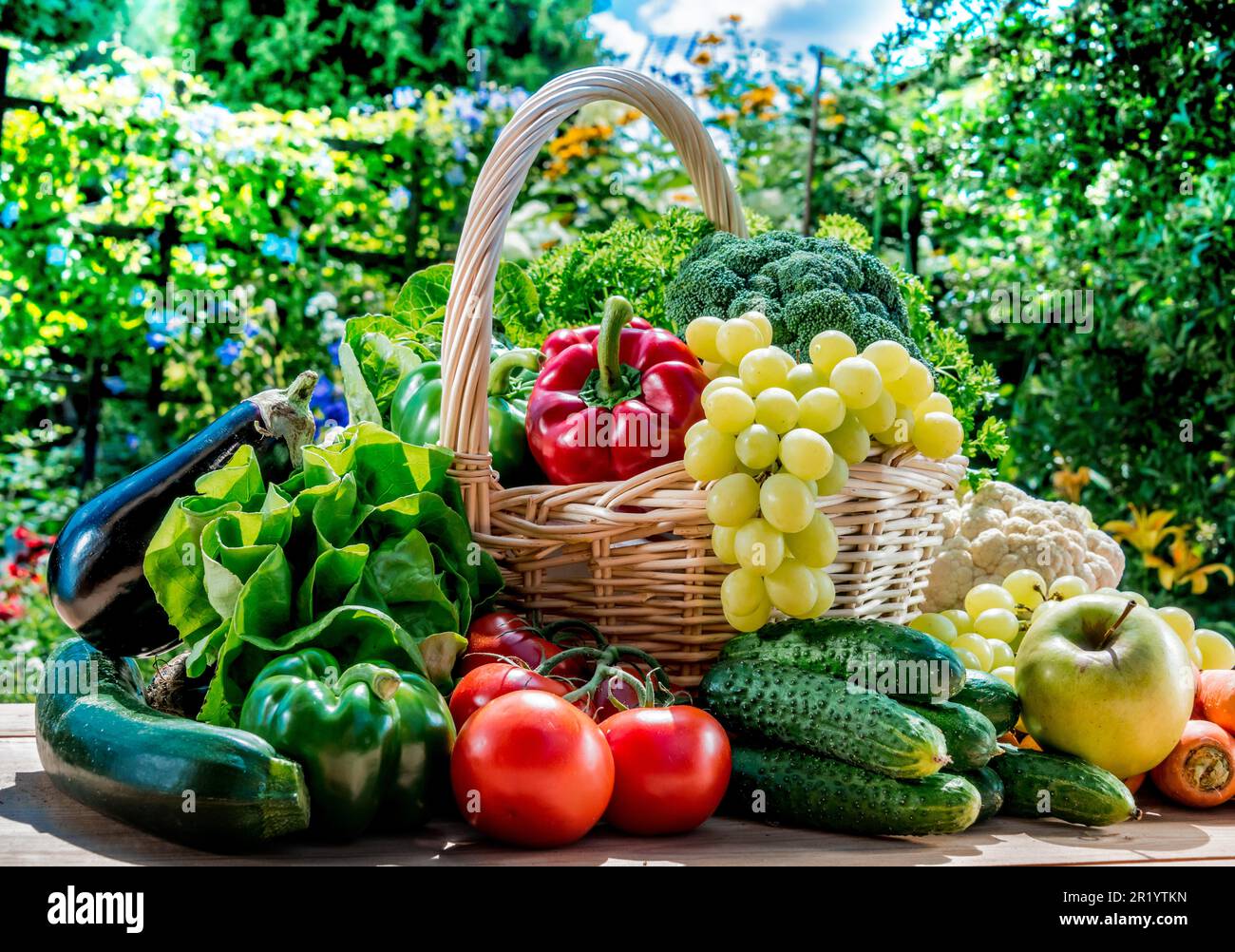 Variety of fresh organic vegetables and fruits in the garden. Balanced ...