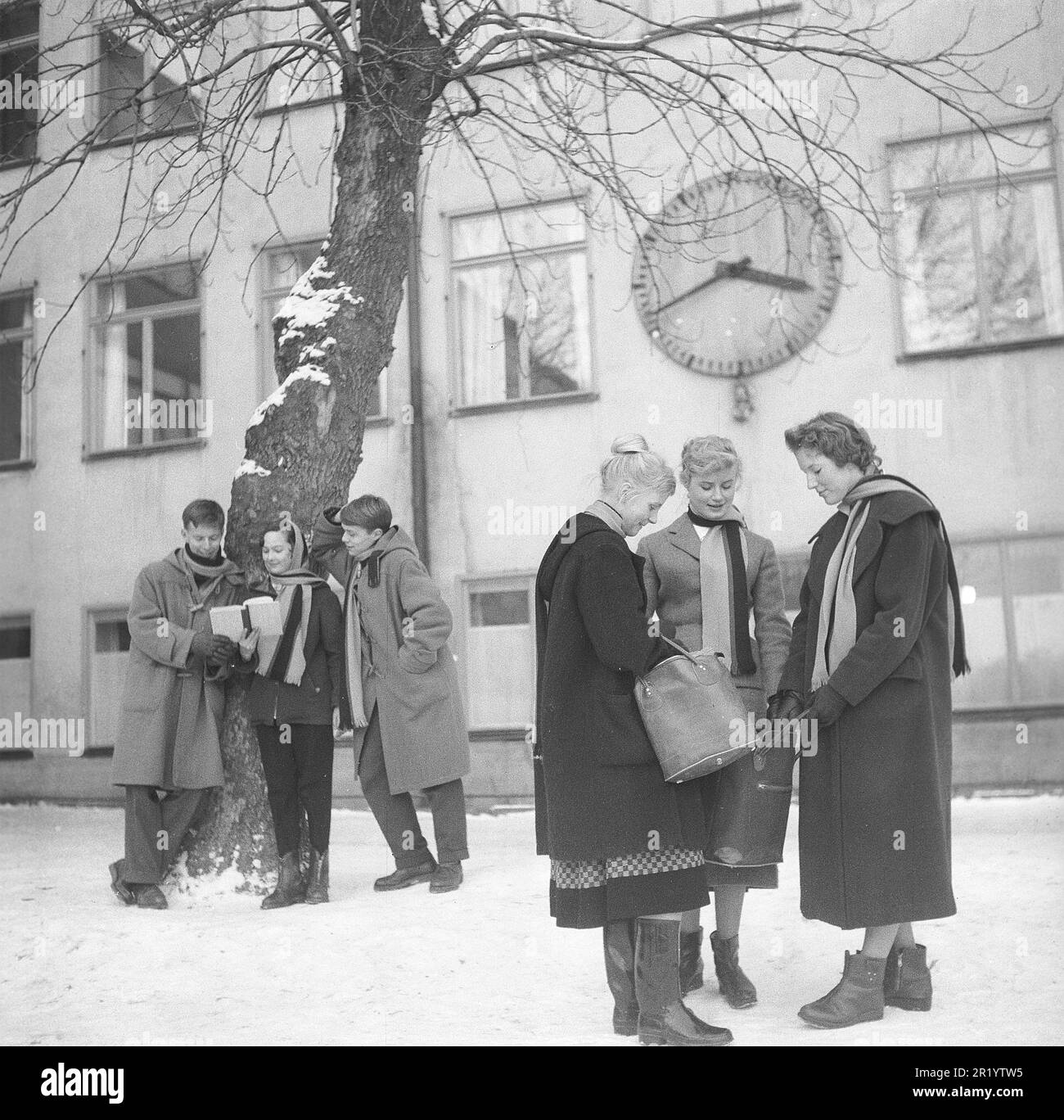 The teenage fashion in the 1950s. It is 1956 and the young people in the school yard are dressed in the duffel typical of the time. A classic outer coat in wool for both men and women. The garment was very popular for a number of years. Sweden 1956 Kristoffersson ref BX50-4 Stock Photo