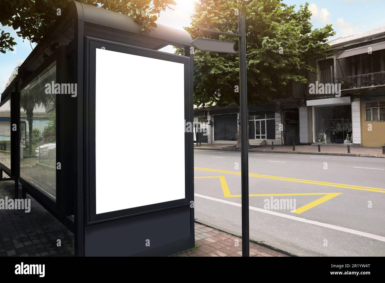 Blank advertisement board on public transport stop Stock Photo - Alamy