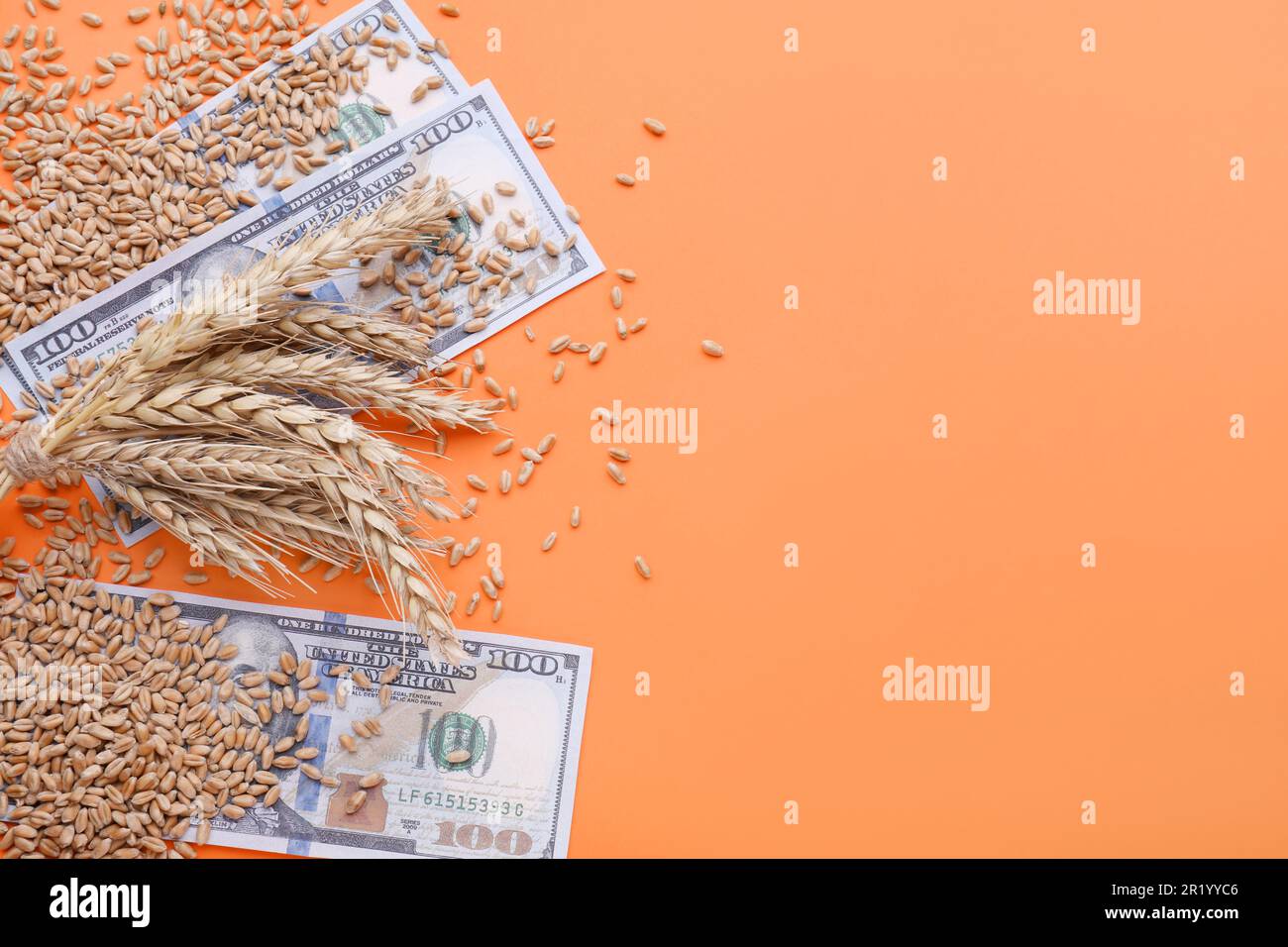 Import and export concept. Wheat grains with banknotes on orange background, flat lay. Space for text Stock Photo
