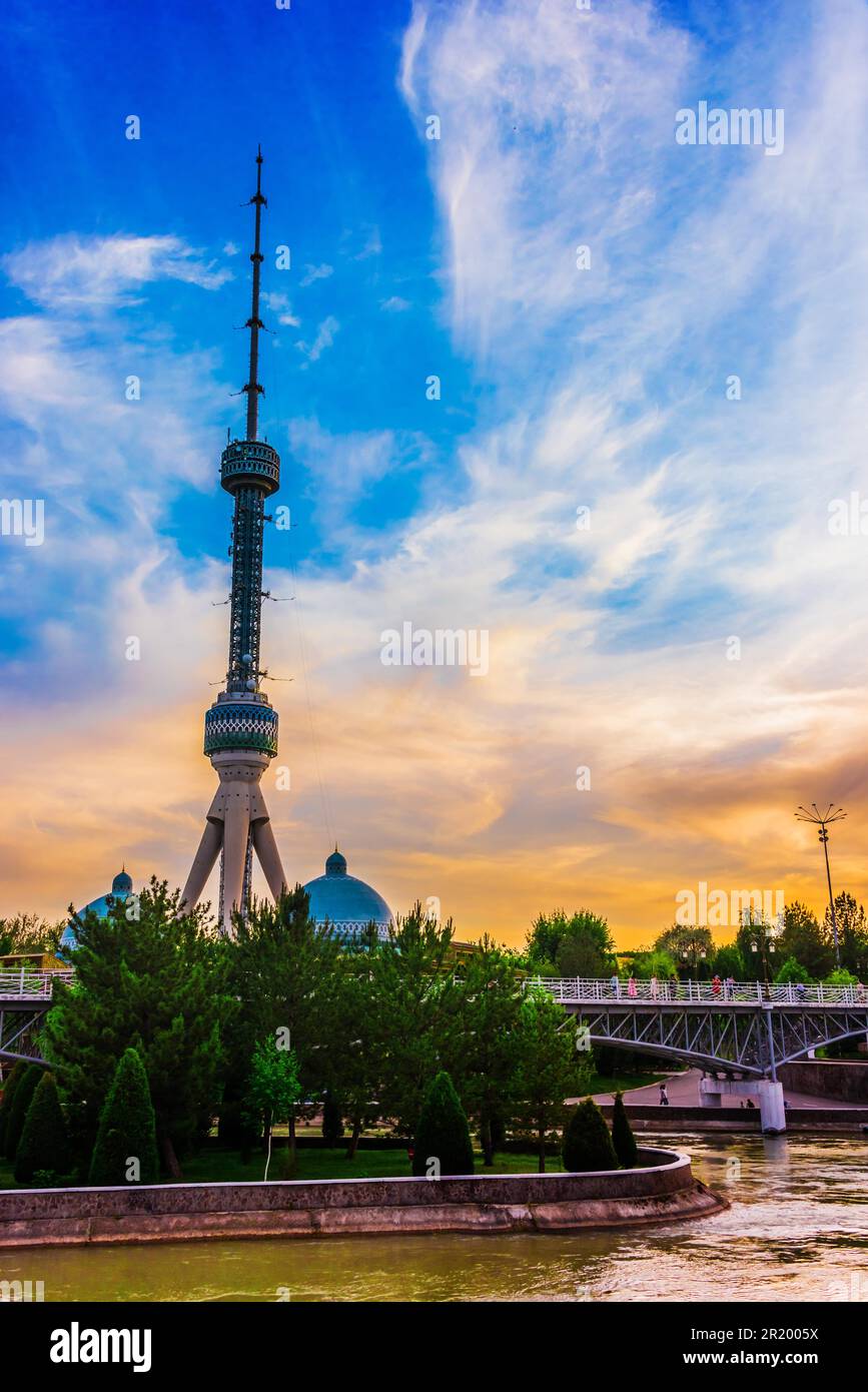 Tashkent Television Tower seen from the park at the Memorial to the Victims of Repression in Tashkent, Uzbekistan Stock Photo